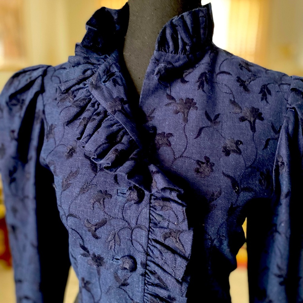 Vintage Mutton Sleeve Embroidered Ruffle Top - Picture 3 of 4